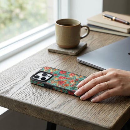 Vintage Floral Garden iPhone Case – Teal & Red Rose | MagSafe Compatible