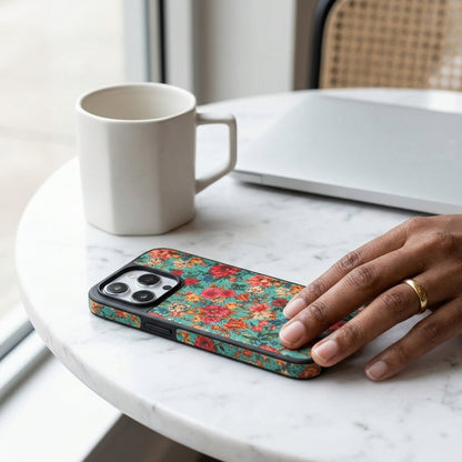 Vintage Floral Garden iPhone Case – Teal & Red Rose | MagSafe Compatible