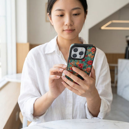 Vintage Floral Garden iPhone Case – Teal & Red Rose | MagSafe Compatible