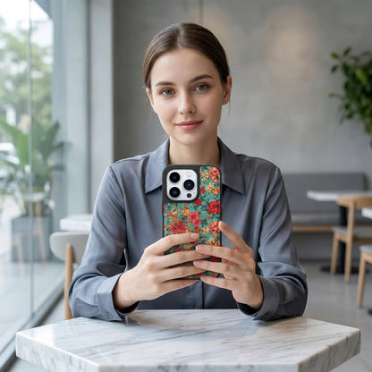 Vintage Floral Garden iPhone Case – Teal & Red Rose | MagSafe Compatible