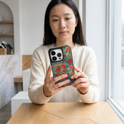 Vintage Floral Garden iPhone Case – Teal & Red Rose | MagSafe Compatible
