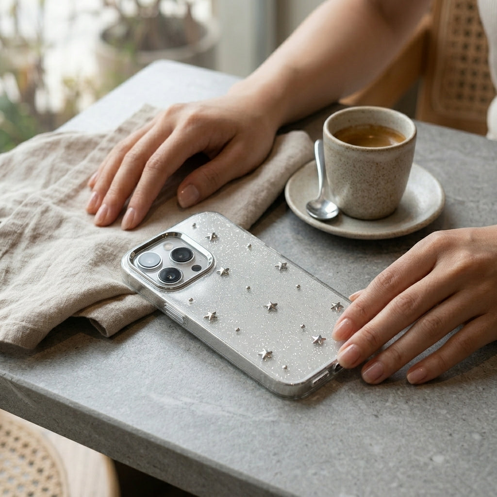 Silver Star Glitter Clear iPhone Case