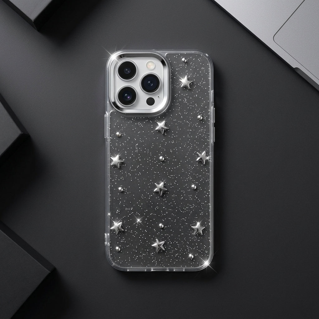 Silver Star Glitter Clear iPhone Case