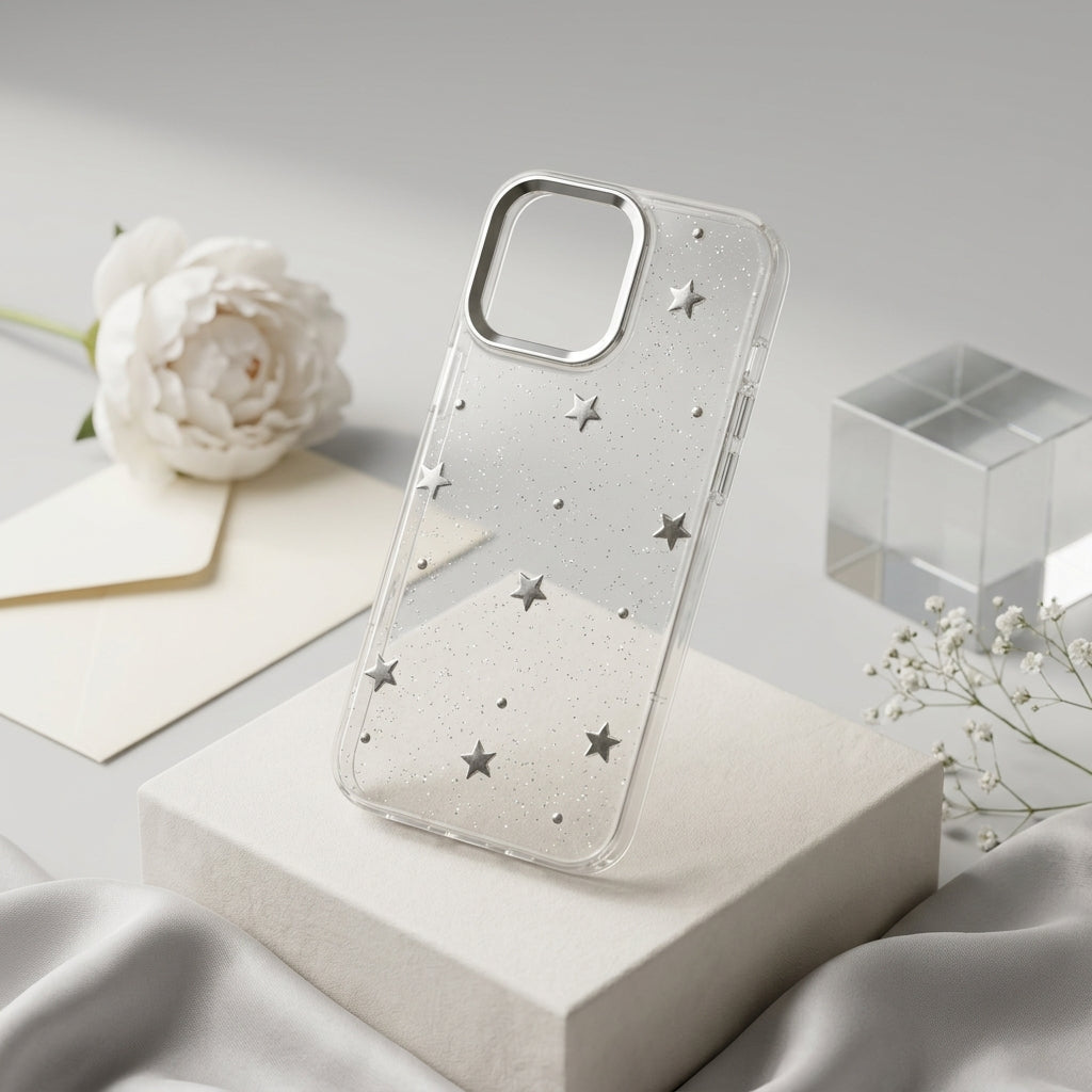 Silver Star Glitter Clear iPhone Case