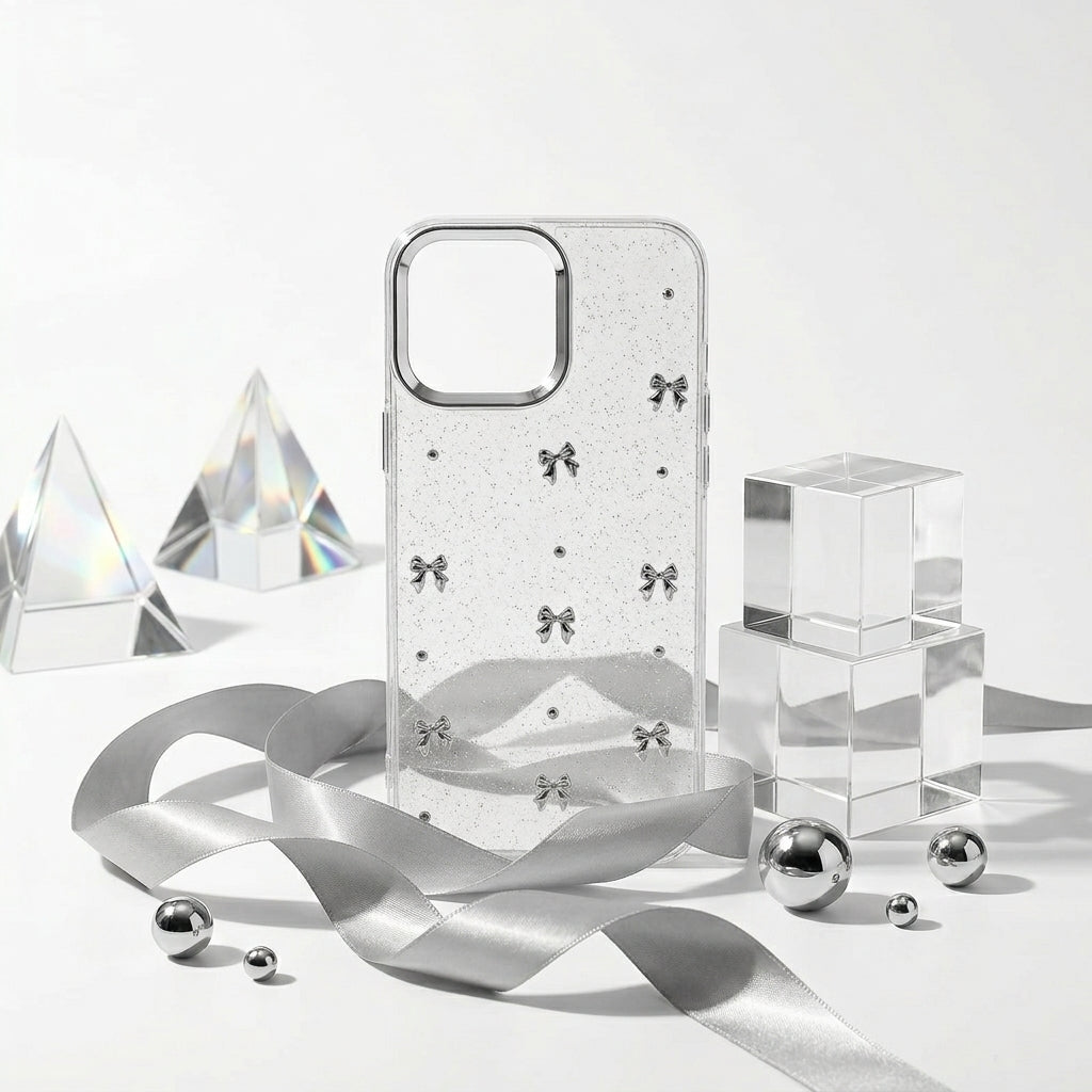 Silver Bow Glitter Clear iPhone Case