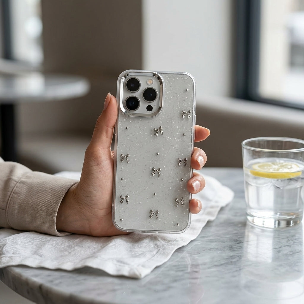 Silver Bow Glitter Clear iPhone Case