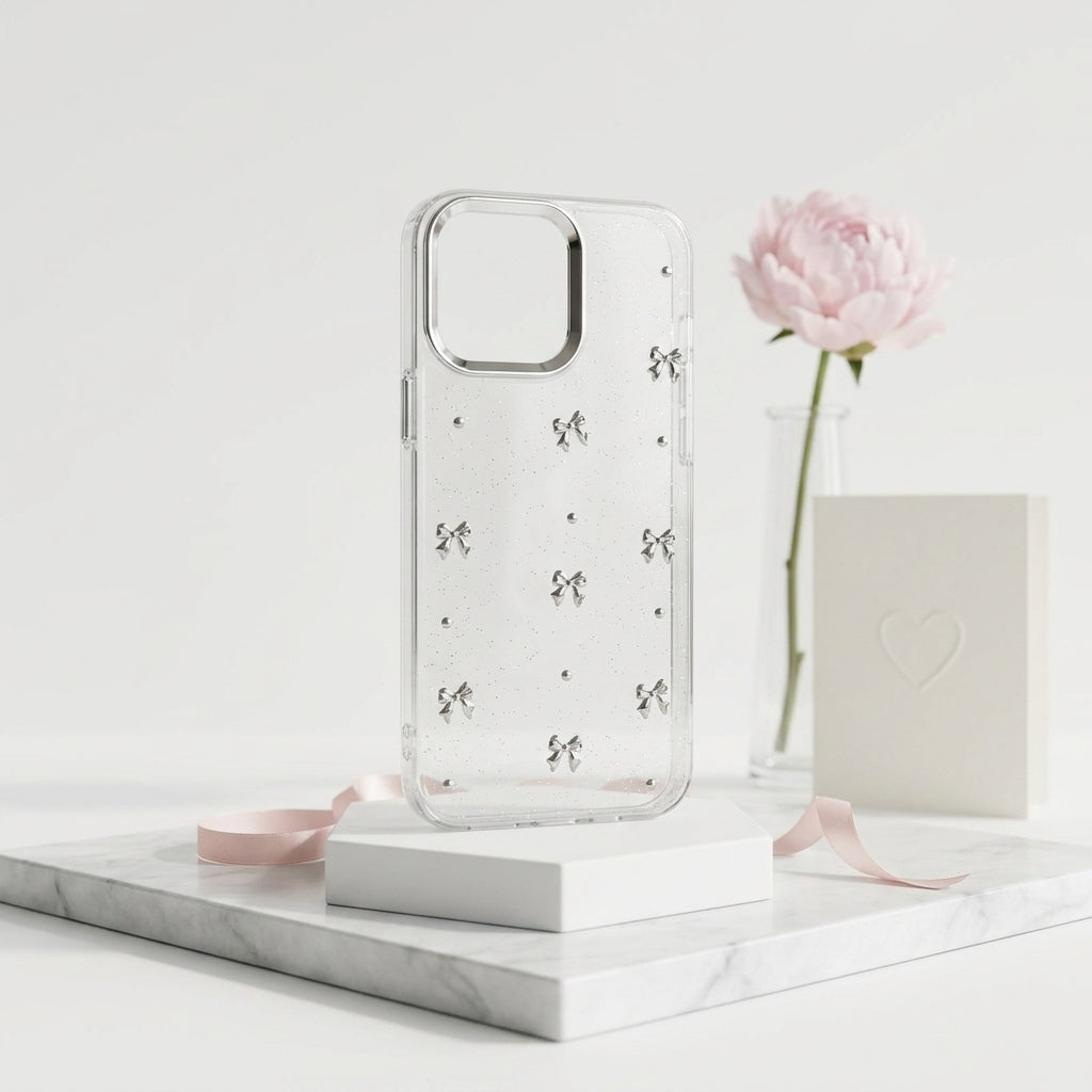Silver Bow Glitter Clear iPhone Case