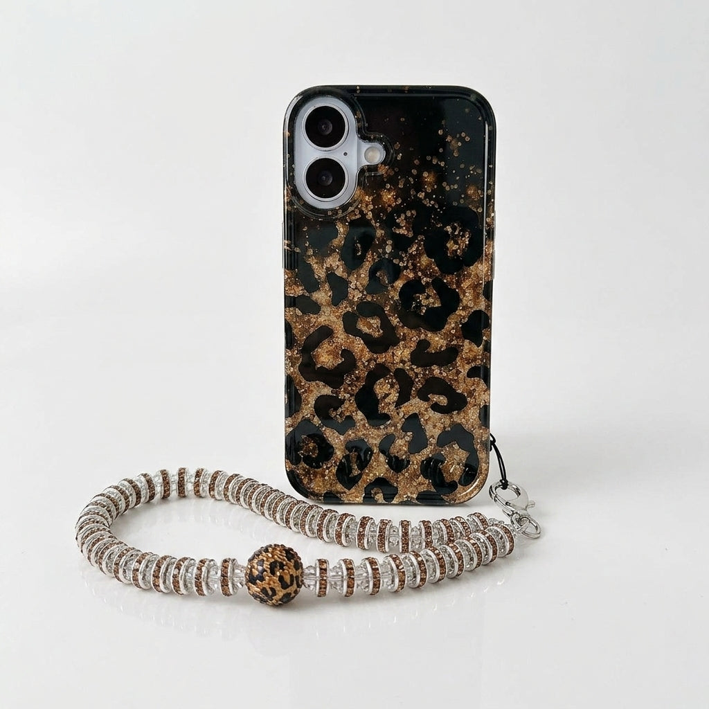 Leopard Print Gold Glitter iPhone Case with Crystal Wristlet Chain