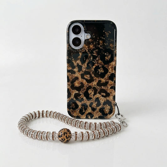 Leopard Print Gold Glitter iPhone Case with Crystal Wristlet Chain