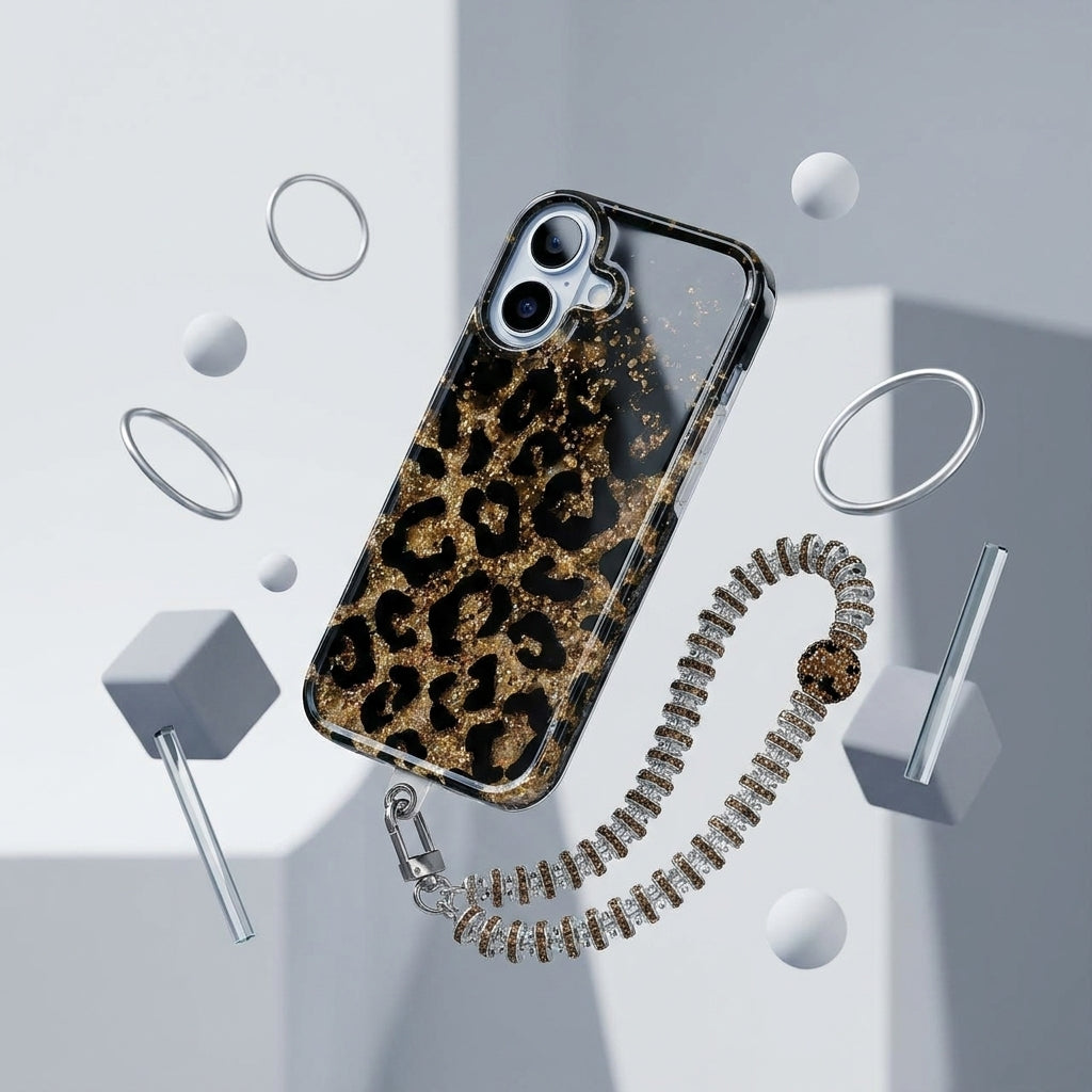 Leopard Print Gold Glitter iPhone Case with Crystal Wristlet Chain