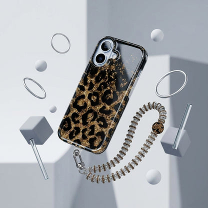 Leopard Print Gold Glitter iPhone Case with Crystal Wristlet Chain