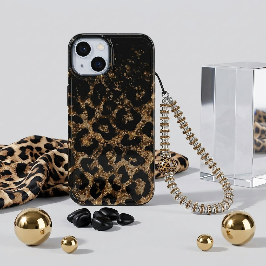 Leopard Print Gold Glitter iPhone Case with Crystal Wristlet Chain