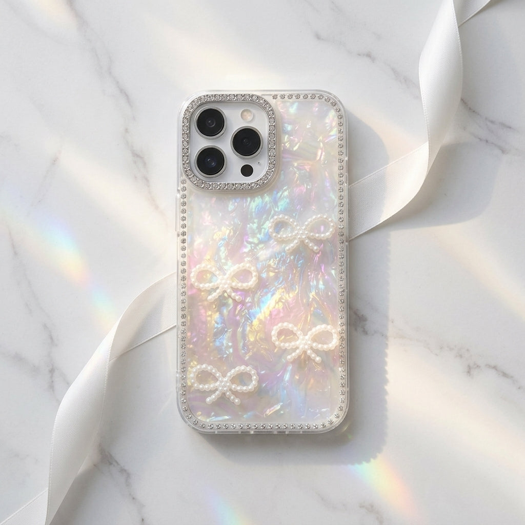 Woman holding iPouch Pearl Shell Bow iPhone Case with crystal bead wristlet at a café
