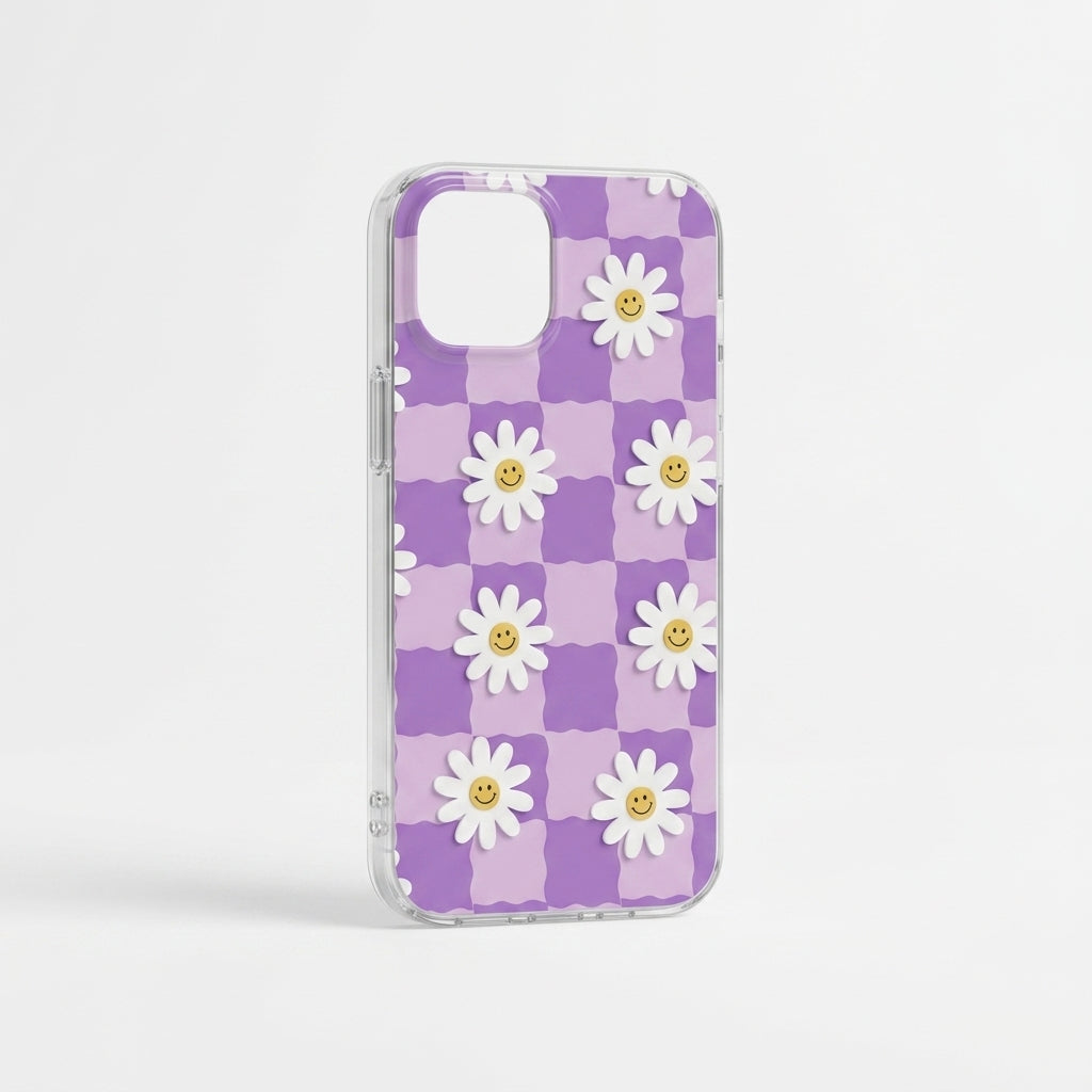 Daisy Smiley Checkered iPhone Case purple edition product shot on white background