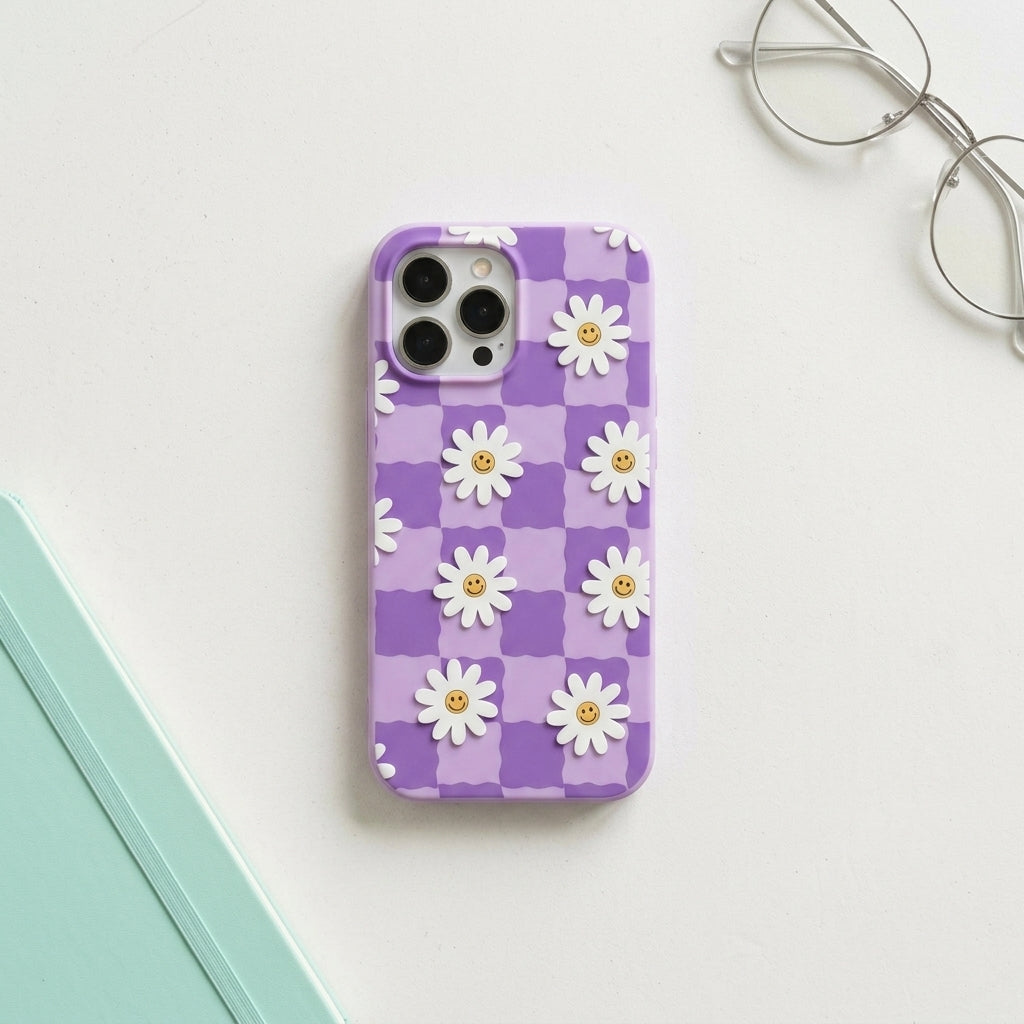Daisy Smiley Checkered iPhone Case — Purple Edition