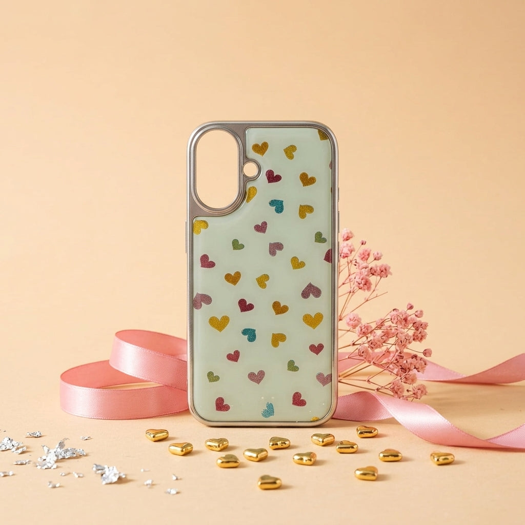 Cute Heart Print iPhone Case – Mint Back with Chrome Bumper | iPouch