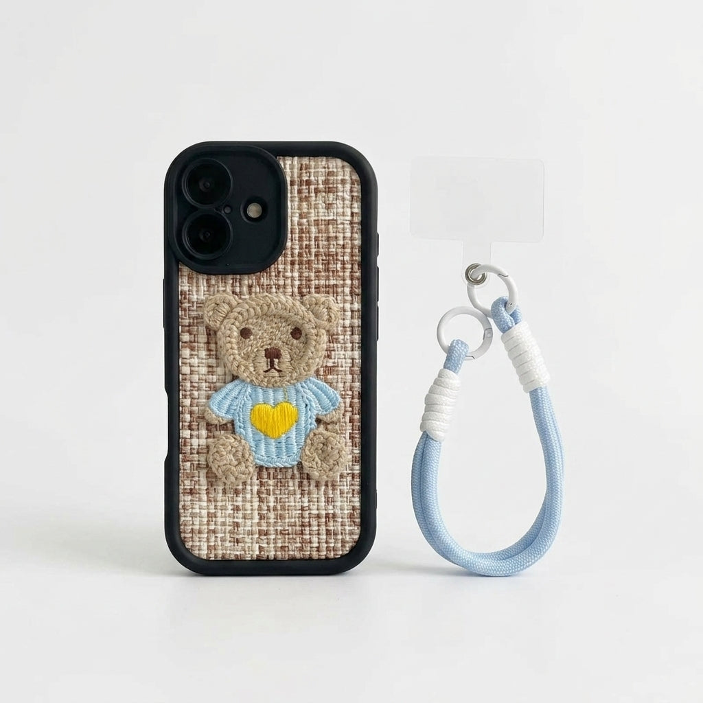 Teddy Bear Embroidered iPhone Case with Wrist Strap