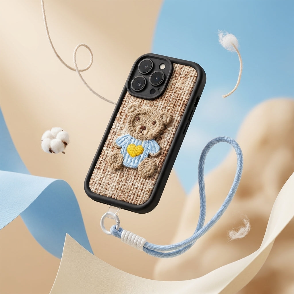 Teddy Bear Embroidered iPhone Case with Wrist Strap