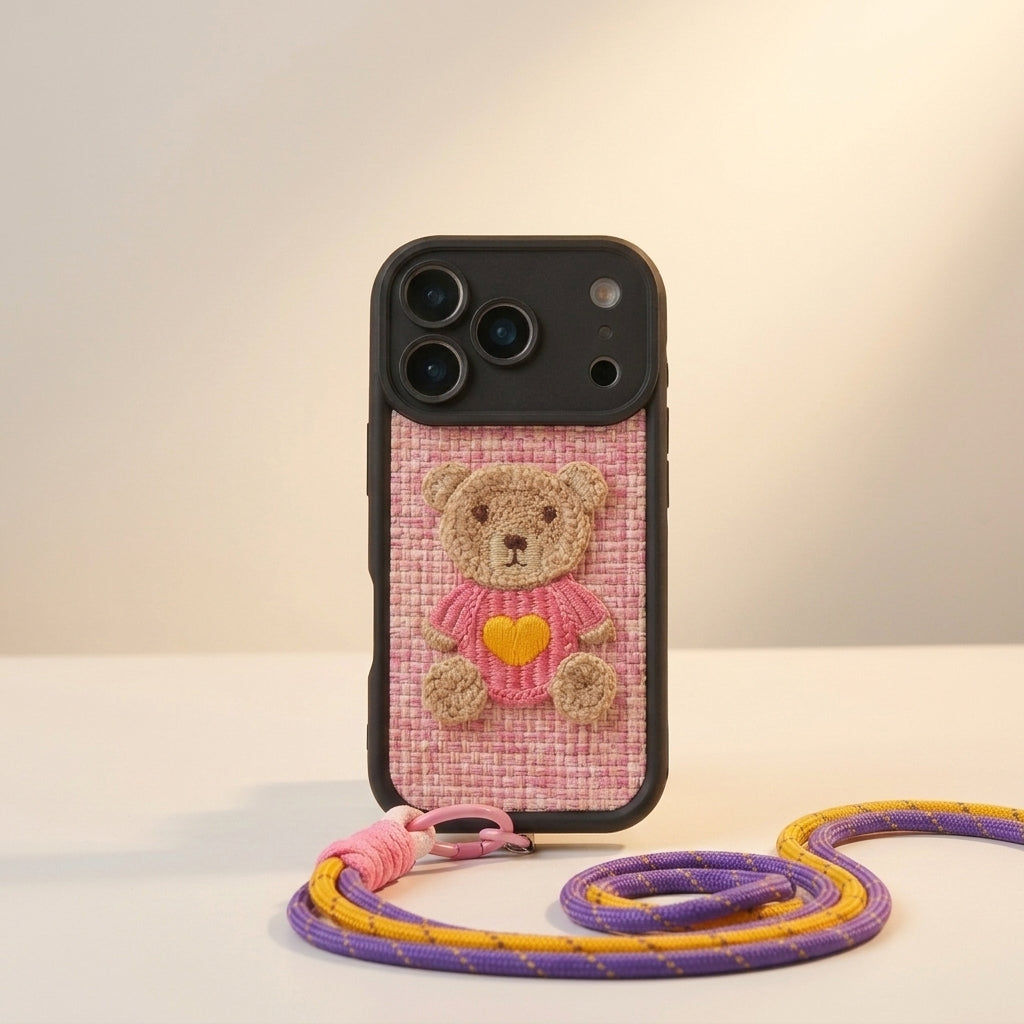 Pink Teddy Bear Embroidered iPhone Case with Wrist Strap