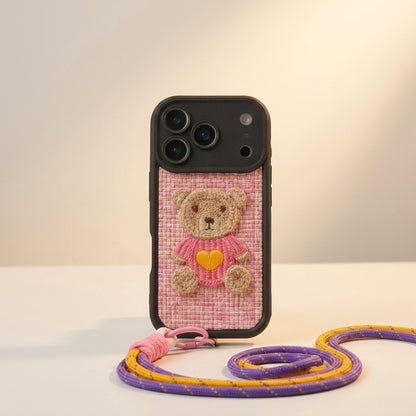 Pink Teddy Bear Embroidered iPhone Case with Wrist Strap