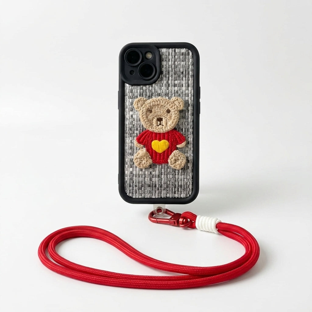 Teddy Bear Embroidered iPhone Case – Cute 3D Crochet Bear with Wrist Strap