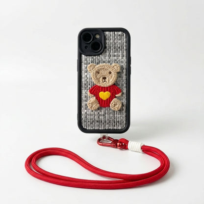 Teddy Bear Embroidered iPhone Case – Cute 3D Crochet Bear with Wrist Strap
