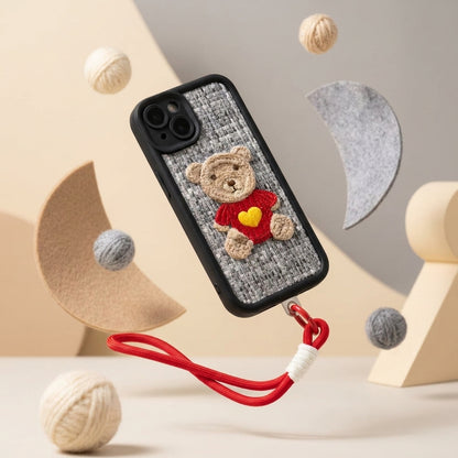Teddy Bear Embroidered iPhone Case – Cute 3D Crochet Bear with Wrist Strap
