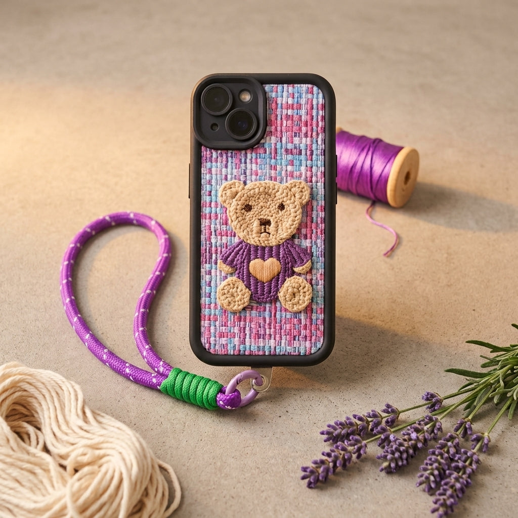 Purple Teddy Bear Embroidered iPhone Case – Cute 3D Crochet Bear with Wrist Strap