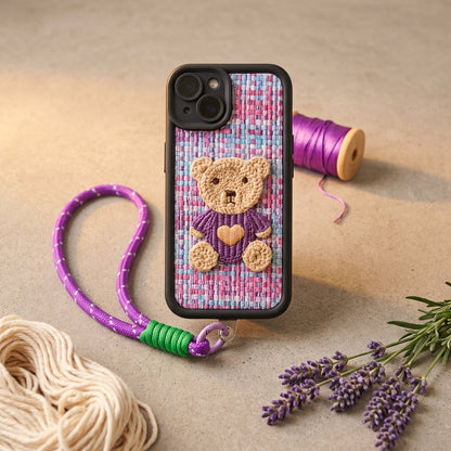 Purple Teddy Bear Embroidered iPhone Case – Cute 3D Crochet Bear with Wrist Strap