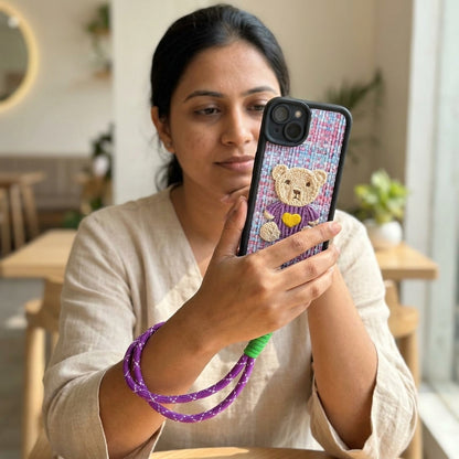 Purple Teddy Bear Embroidered iPhone Case – Cute 3D Crochet Bear with Wrist Strap