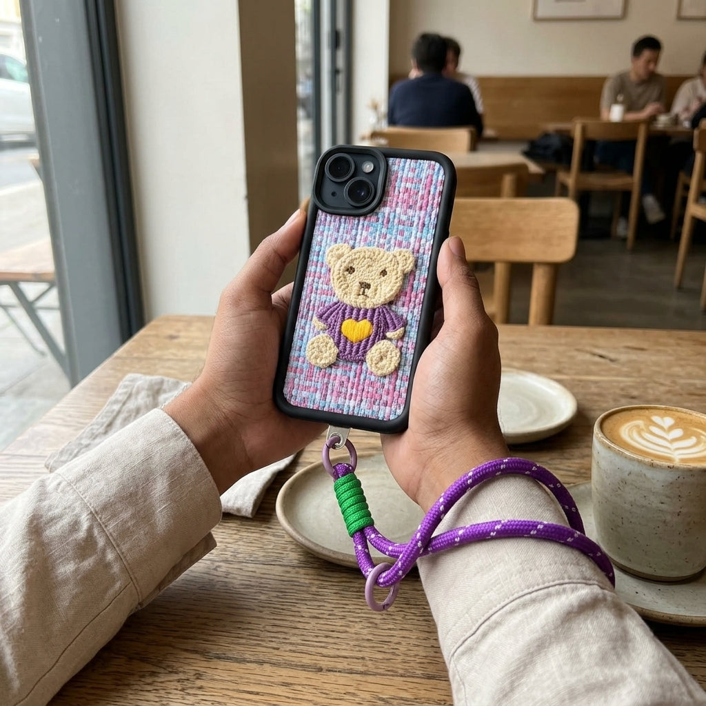 Purple Teddy Bear Embroidered iPhone Case – Cute 3D Crochet Bear with Wrist Strap