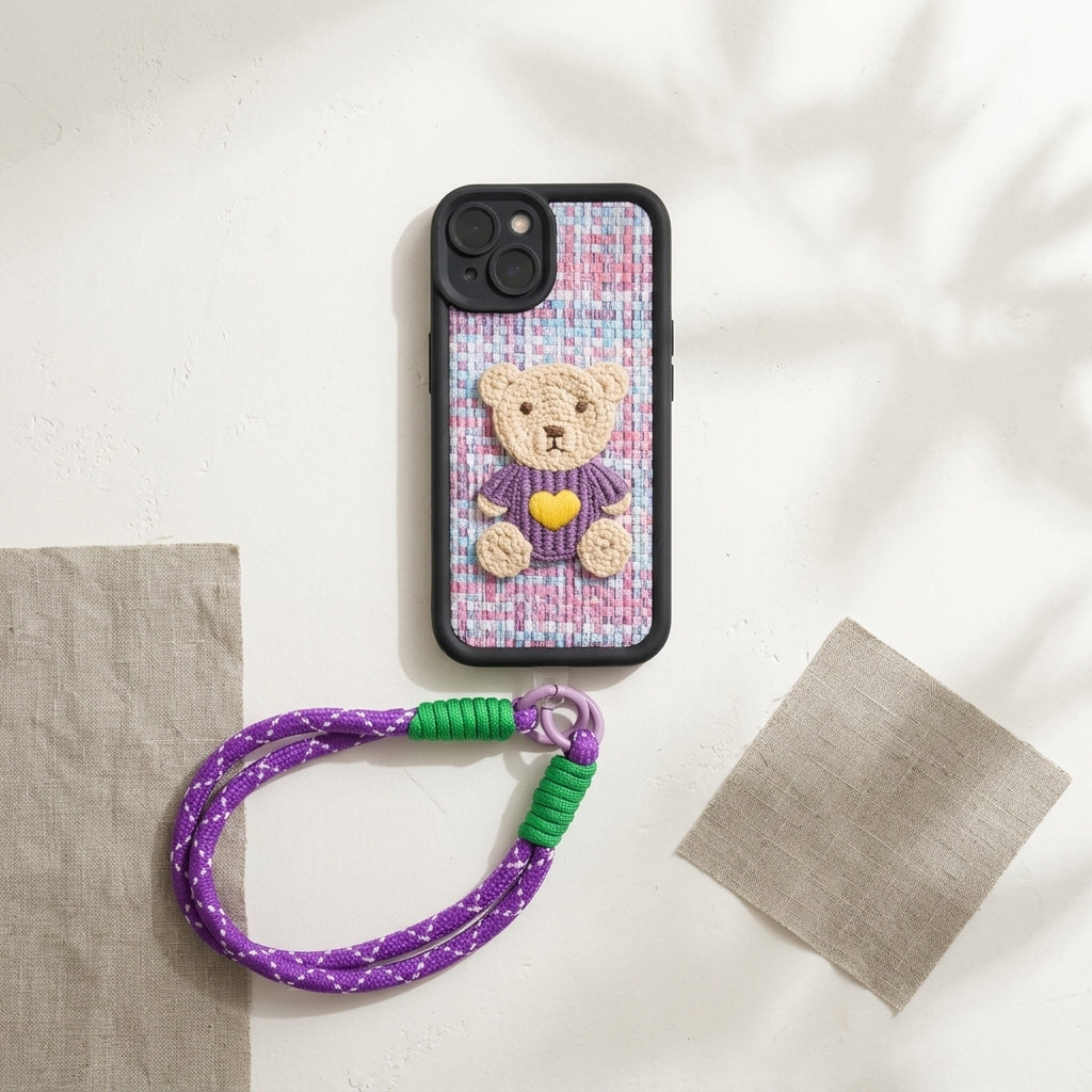 Purple Teddy Bear Embroidered iPhone Case – Cute 3D Crochet Bear with Wrist Strap