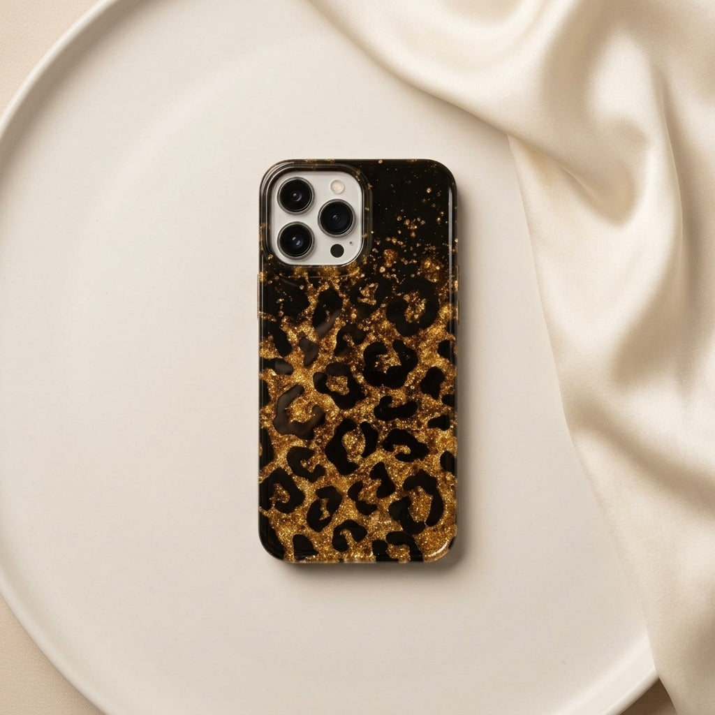 Leopard Print Gold Glitter iPhone Case with Crystal Wristlet Chain