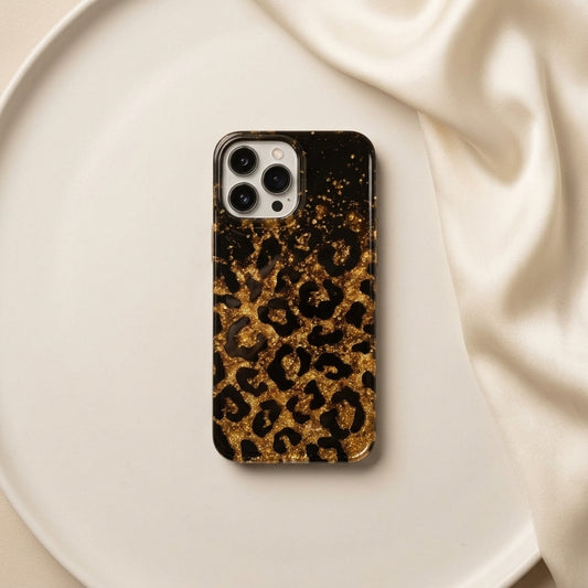Leopard Print Gold Glitter iPhone Case with Crystal Wristlet Chain