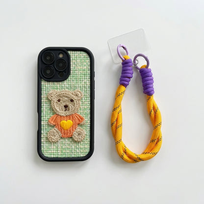 Green Teddy Bear Embroidered iPhone Case – Cute 3D Crochet Bear with Wrist Strap