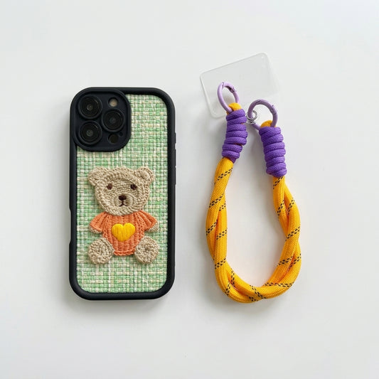 Green Teddy Bear Embroidered iPhone Case – Cute 3D Crochet Bear with Wrist Strap