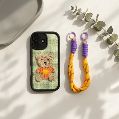 Green Teddy Bear Embroidered iPhone Case – Cute 3D Crochet Bear with Wrist Strap