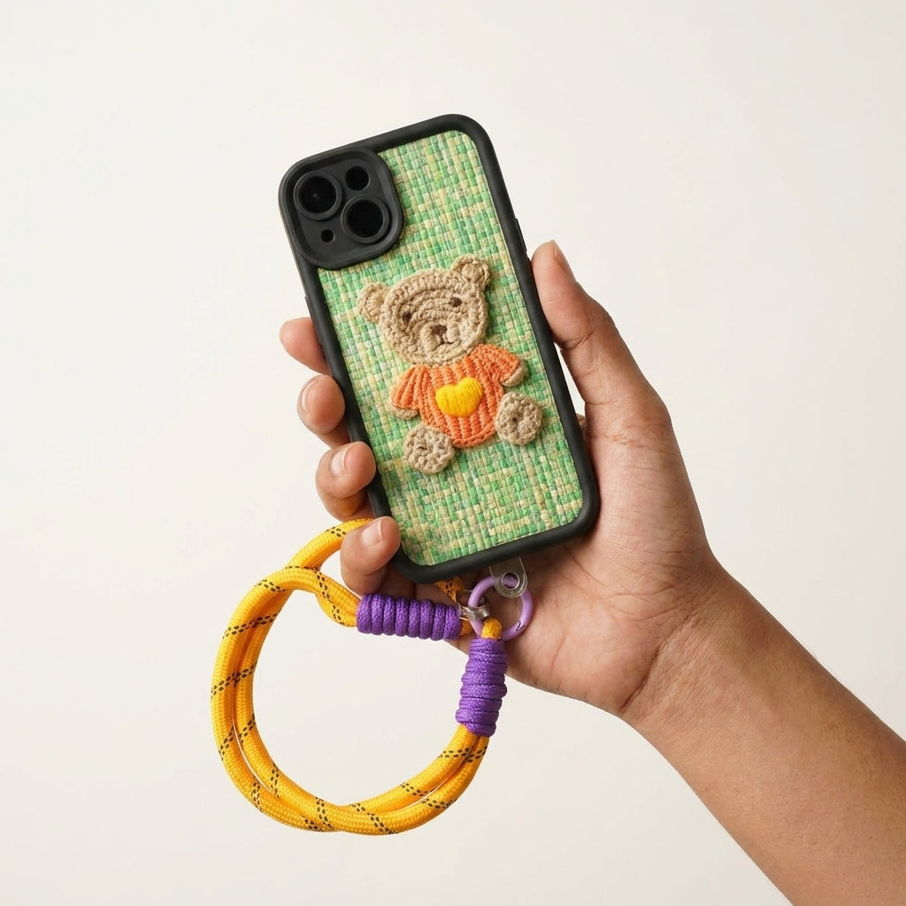 Green Teddy Bear Embroidered iPhone Case – Cute 3D Crochet Bear with Wrist Strap