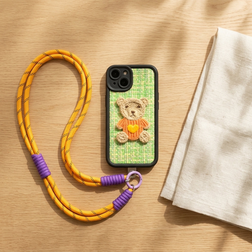 Green Teddy Bear Embroidered iPhone Case – Cute 3D Crochet Bear with Wrist Strap
