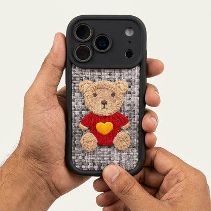 Teddy Bear Embroidered iPhone Case – Cute 3D Crochet Bear with Wrist Strap