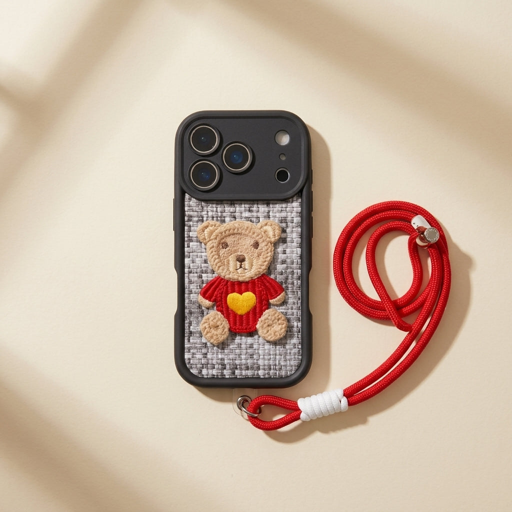 Teddy Bear Embroidered iPhone Case – Cute 3D Crochet Bear with Wrist Strap