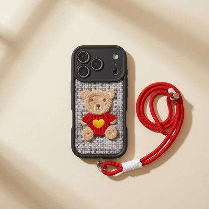 Teddy Bear Embroidered iPhone Case – Cute 3D Crochet Bear with Wrist Strap