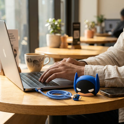 Blue Batman charger cover in use at cafe with MacBook and iPhone on wooden table