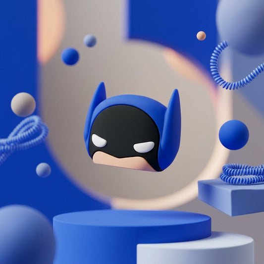 Blue Batman silicone charger cover 3D render on blue podium display with coil cable winder