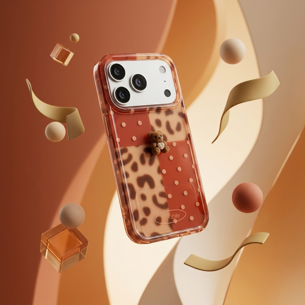 Bubble leopard polka dot iPhone case with 3D teddy bear - floating editorial shot