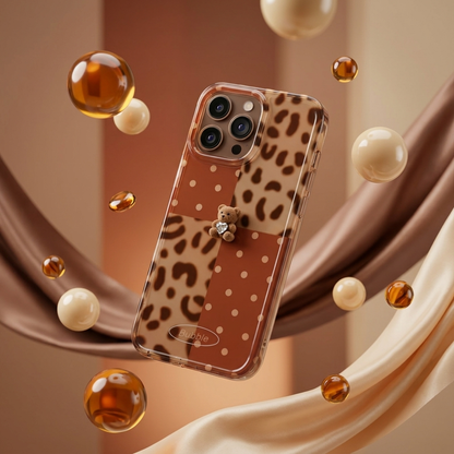 Bubble leopard case packaging on wooden surface