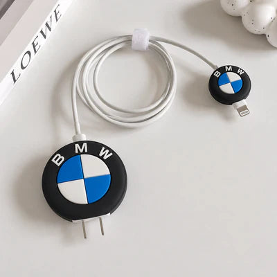 Motorsport roundel silicone charger adapter cover and cable protector set with spiral cable winder - lifestyle shot